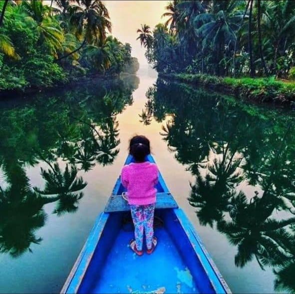 A child at the bow of a boat in a mangrove channel