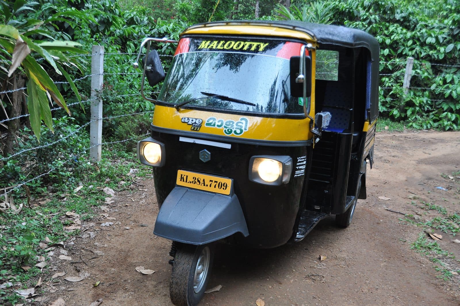 Yellow auto rickshaw on a red-earth road through the forest