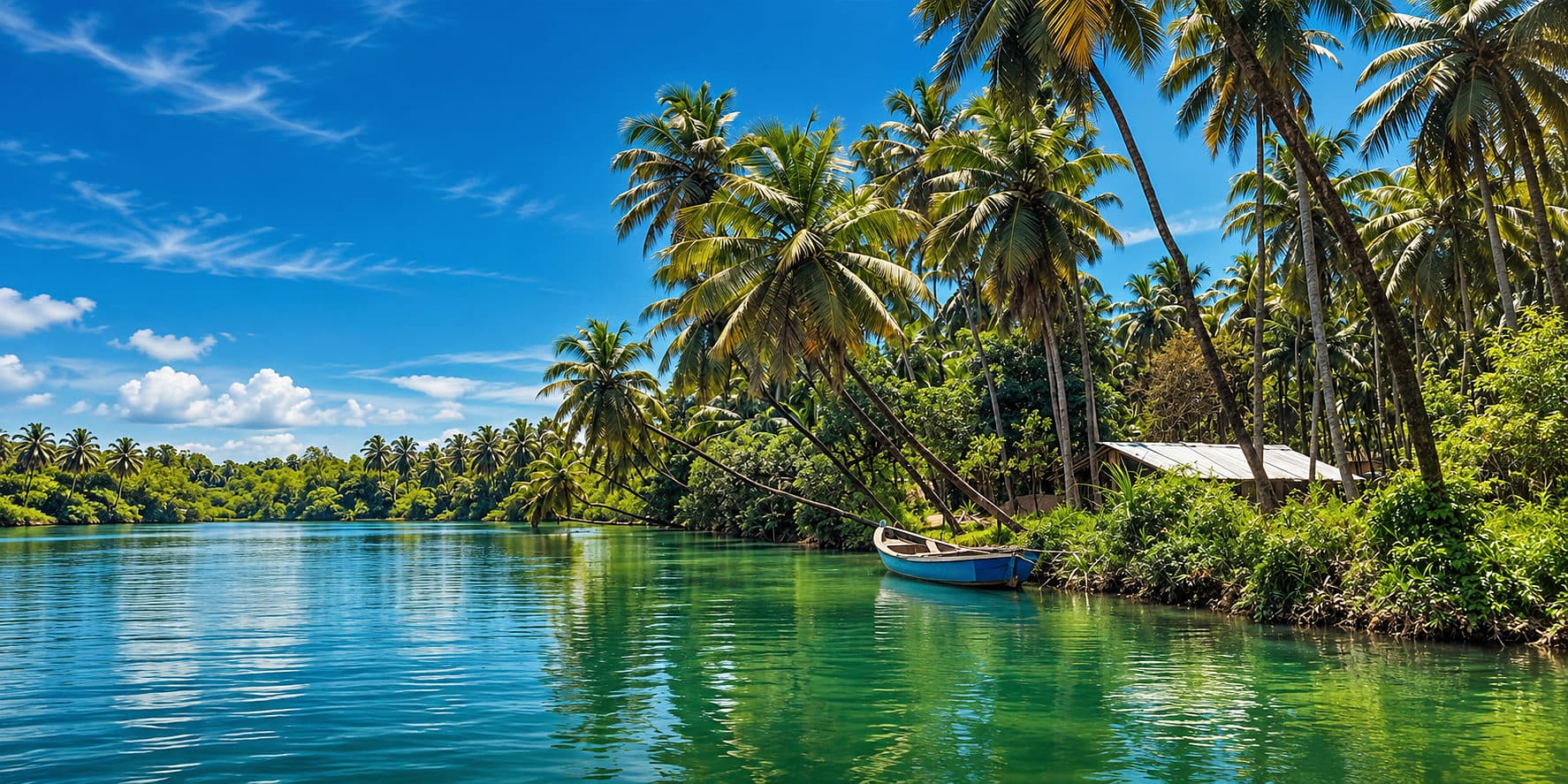 Coconut palms and a blue boat on the calm green backwaters of Honnavar