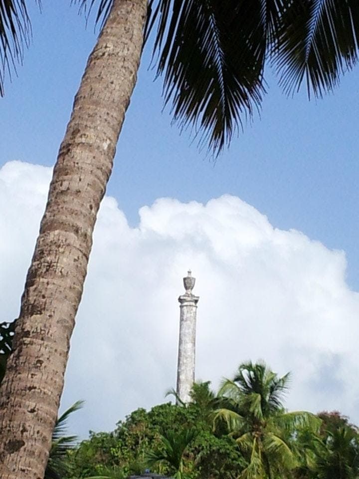 The memorial pillar on Colonel Hill in Honnavar seen through coconut palms