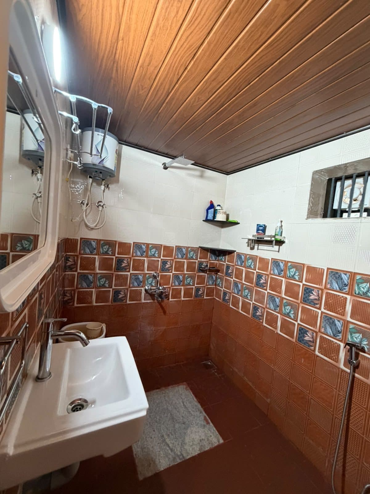 Attached bathroom with shower, geyser and terracotta tiles